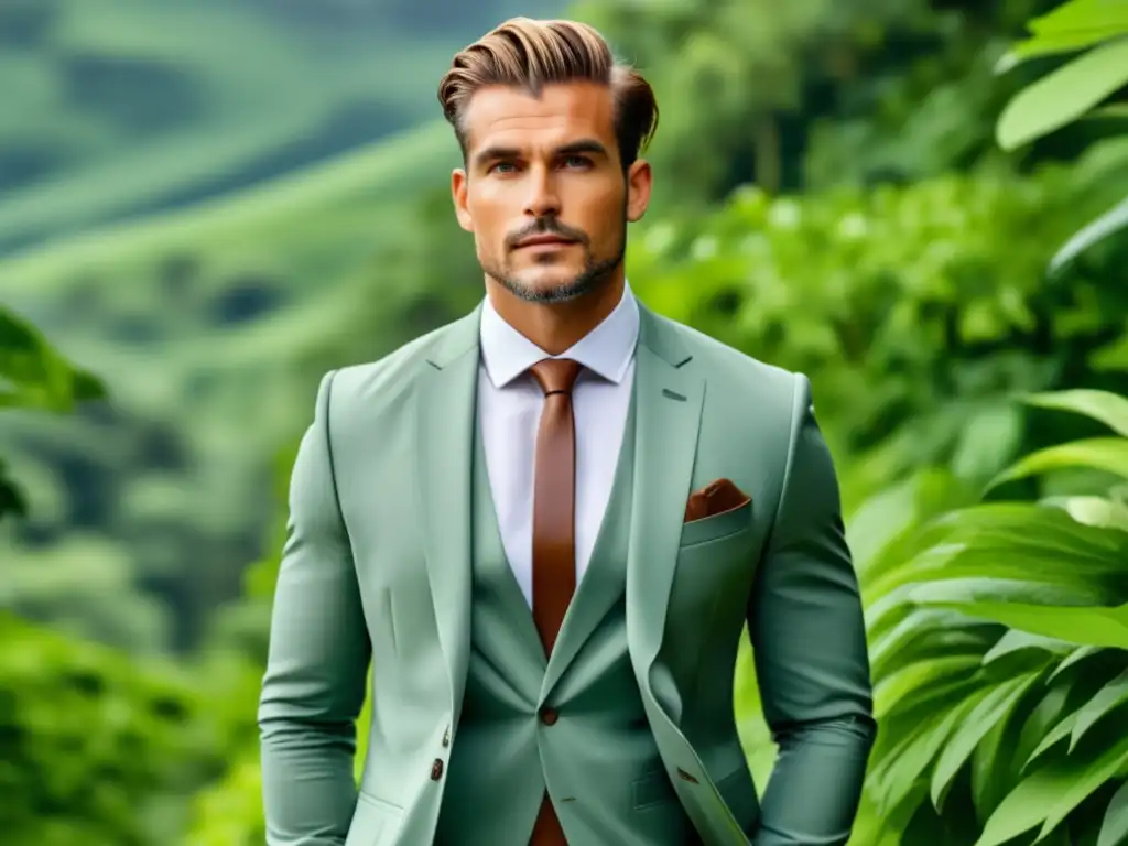 Beneficios moda ecológica masculina: Hombre moderno, elegante y sustentable, destacando la conexión entre moda y naturaleza