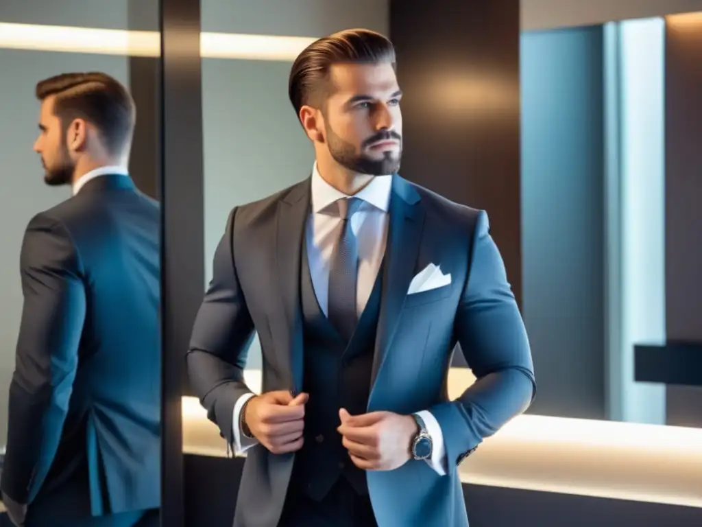 Hombre elegante frente al espejo, moda masculina y autoestima