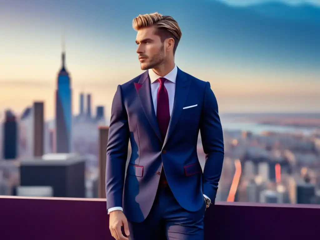 Modelo masculino en traje moderno, destacando tendencias globales de moda masculina