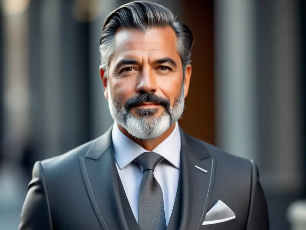 Hombre elegante en traje gris, tendencias moda masculina elegante