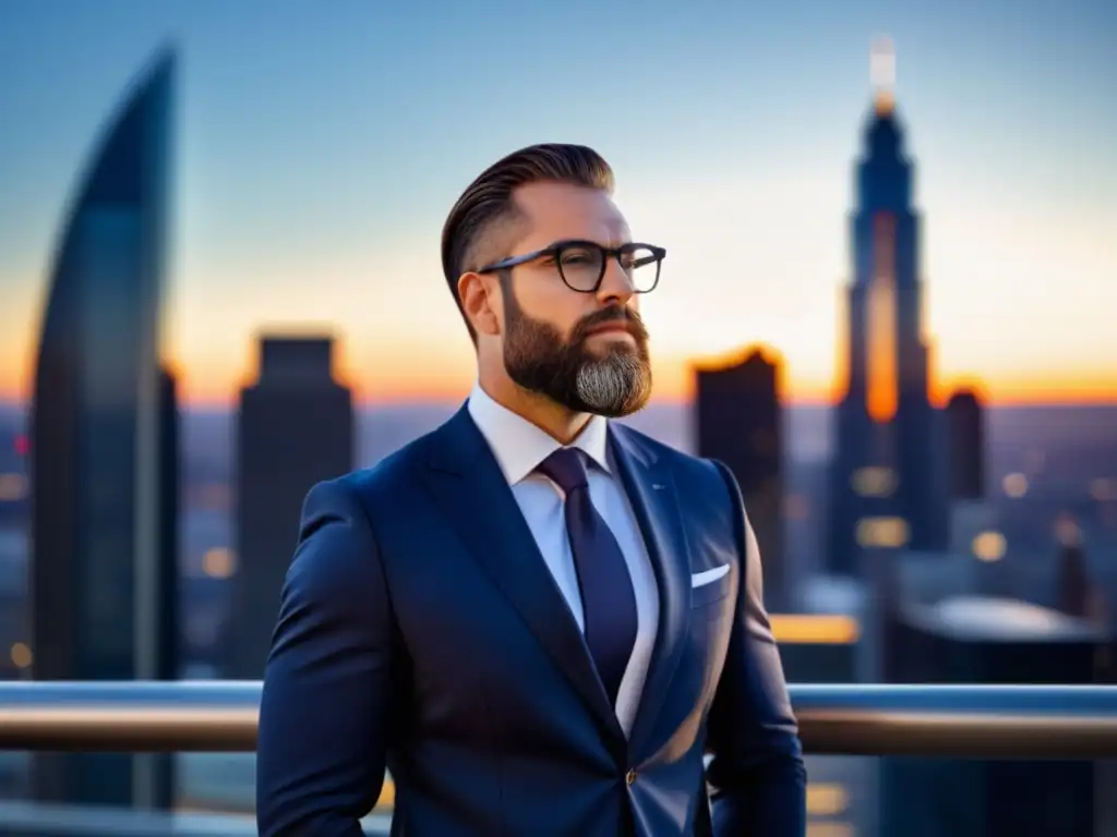 Hombre moderno en traje azul, urbano y sofisticado, con barba y gafas de moda