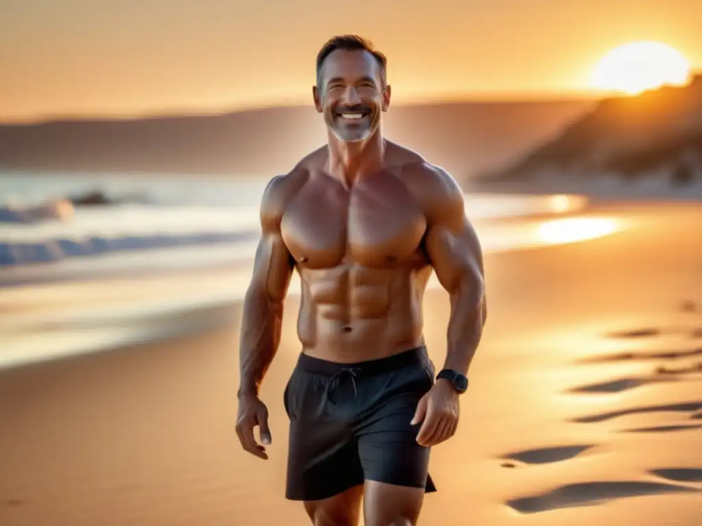 Hombre en playa al atardecer, demostrando importancia del peso saludable en hombres