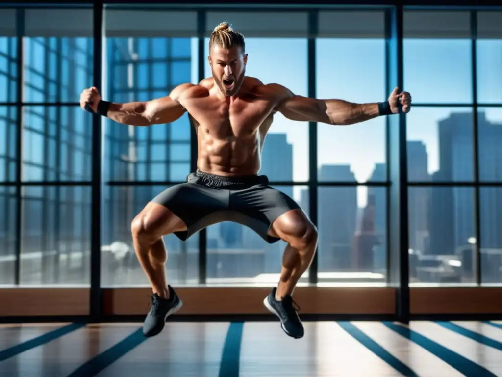 Beneficios del HIIT para hombres: hombre en intenso entrenamiento, músculos definidos, estética contemporánea