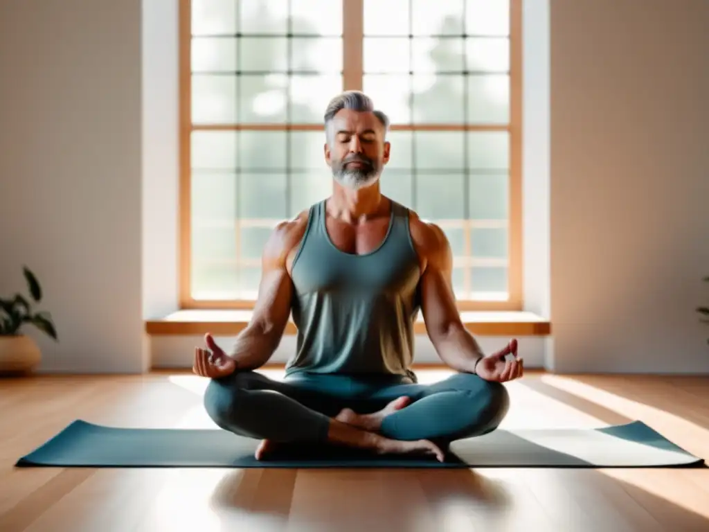 Hombre relajado en espacio minimalista practicando yoga - Guía de relajación para hombres: técnicas antiestrés y bienestar