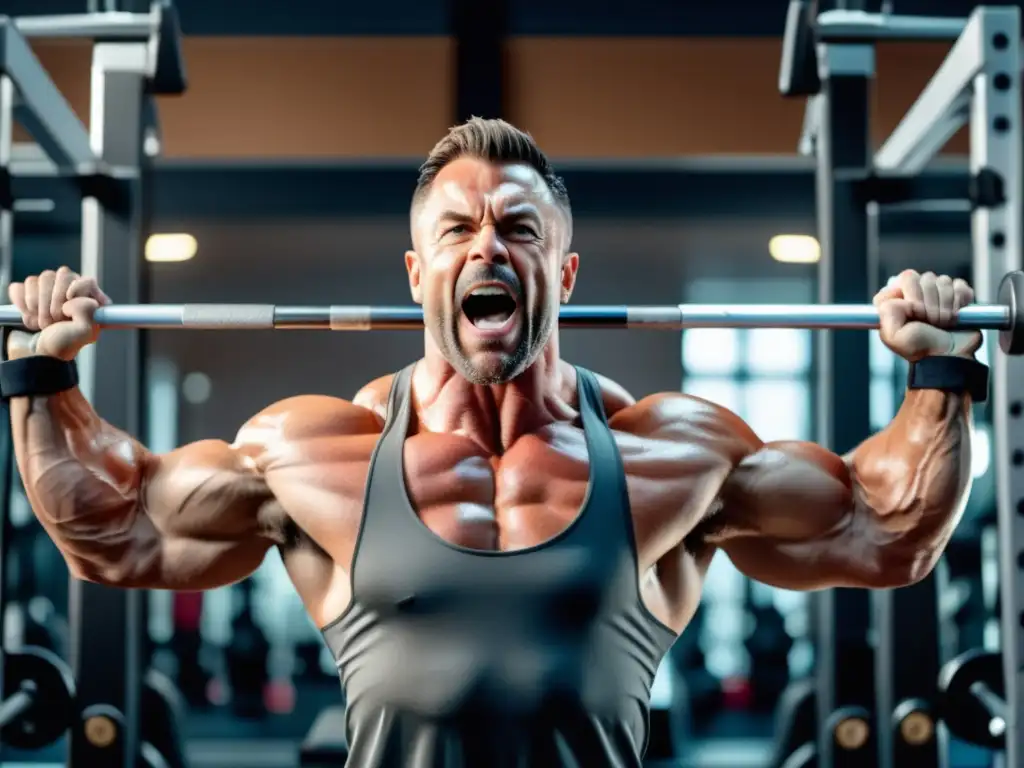 Hombre musculoso en gimnasio con superalimentos (110 caracteres)