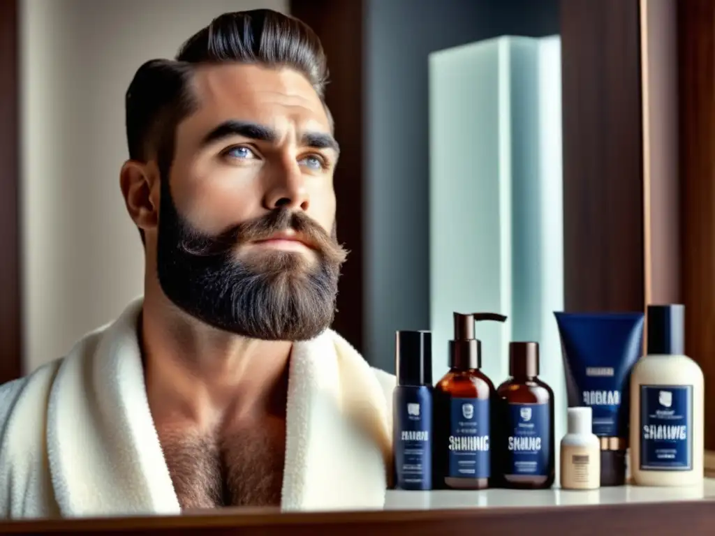 Importancia de salud en moda masculina: hombre con barba bien arreglada y afeitado sin irritación, rodeado de productos premium de afeitado