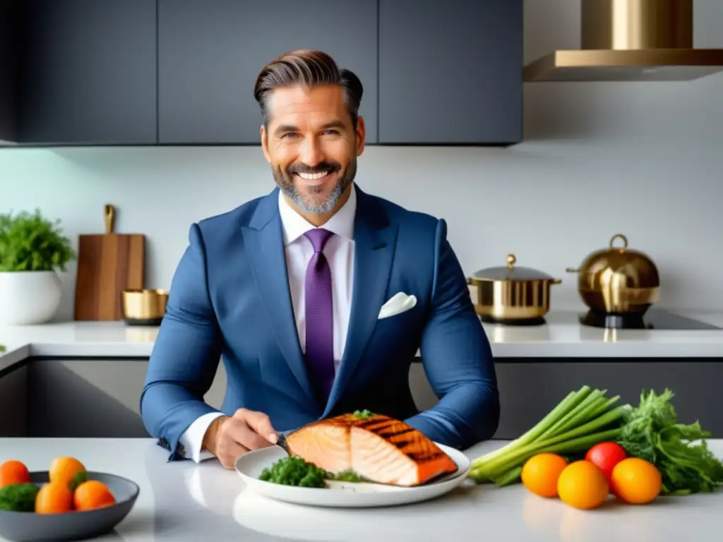 Hombre elegante en cocina moderna, resaltando importancia de nutrición en estilo masculino