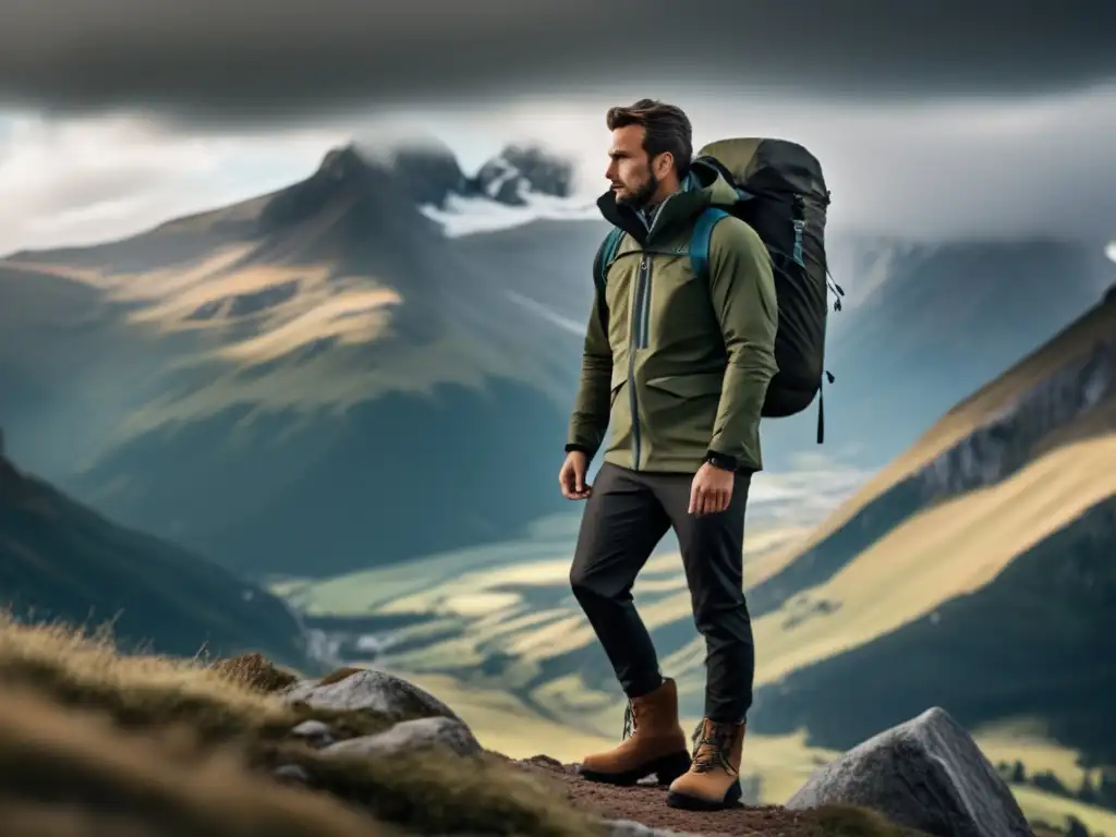 Hombre elegante en la montaña Ropa masculina para escapada montaña - Imagen de hombre elegante en atuendo de montaña, con impresionante paisaje de fondo