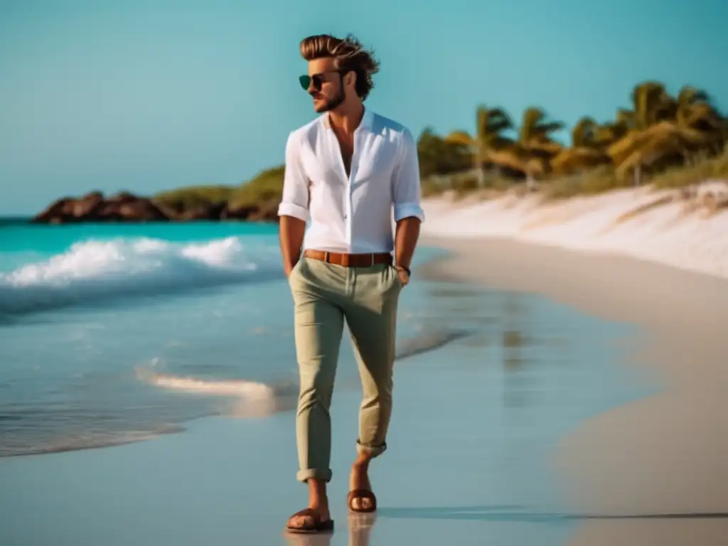 Hombre estilizado en playa paradisíaca con moda masculina para viajes a la playa