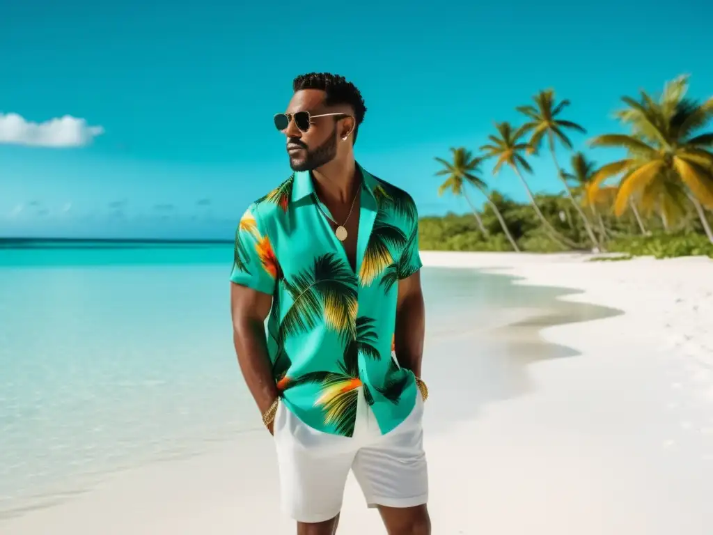 Hombre con estilo en playa caribeña - Consejos de moda masculina playera