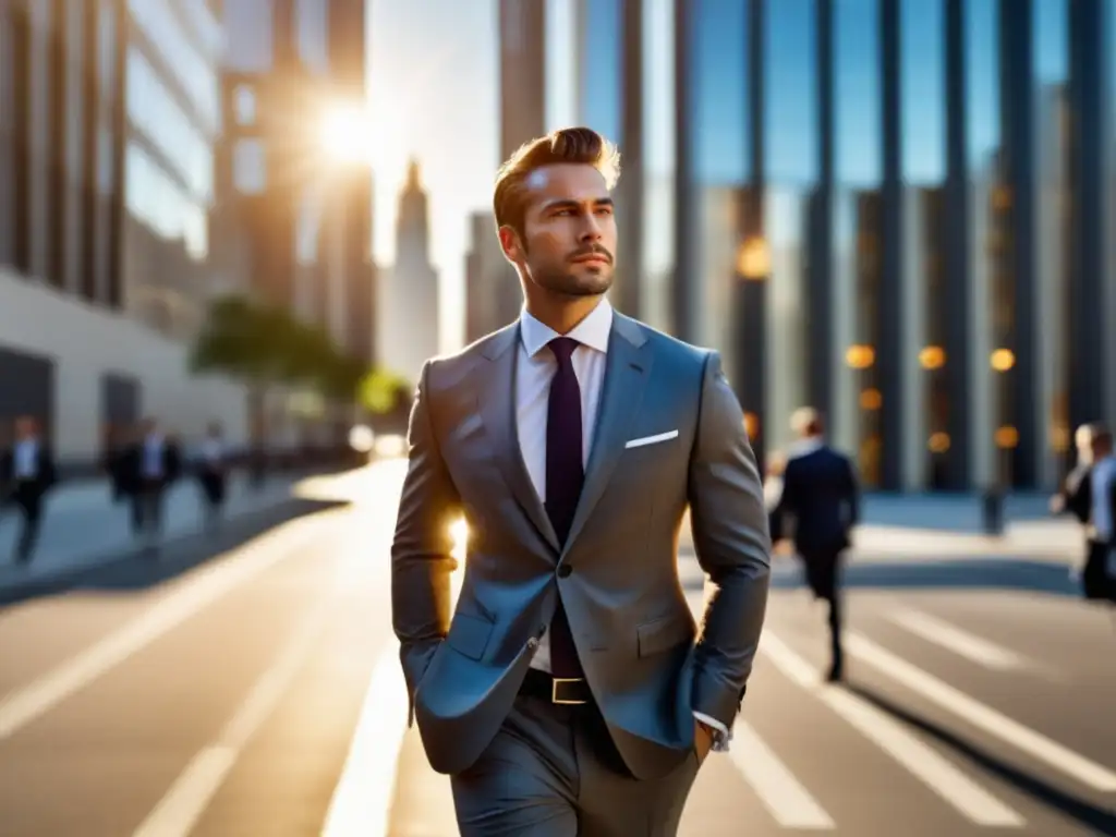 Conexión estilo y autoestima masculina: Hombre elegante caminando seguro por la ciudad, irradiando estilo y confianza