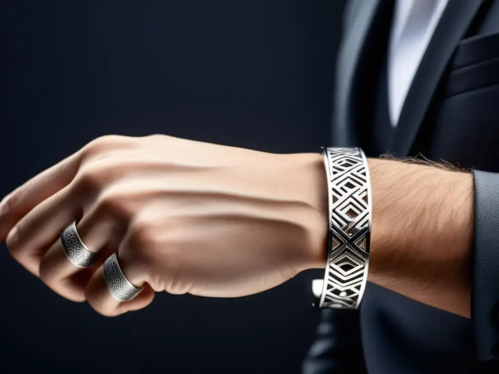 Joyería masculina creativa y moderna: mano de hombre con pulsera plateada y diseños geométricos resaltados por la luz en un fondo oscuro