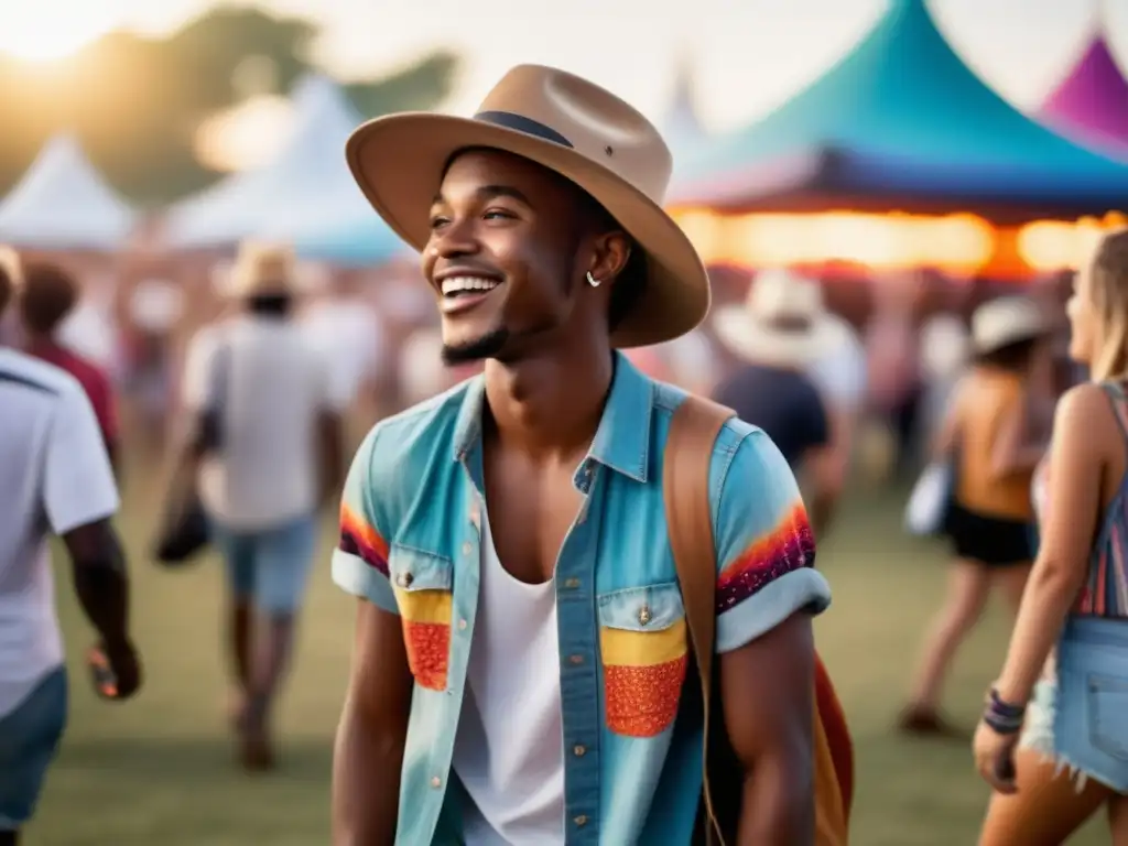 Tendencias moda masculina festivales música: Joven estiloso en festival, rodeado de color y multitud, aplicando protector solar con confianza