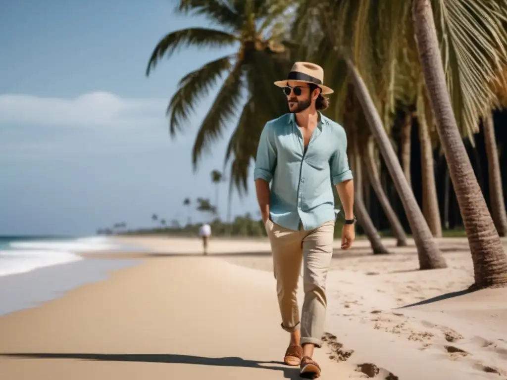 Hombre estiloso en playa con accesorios verano: sombrero, gafas y outfit casual (110 caracteres)