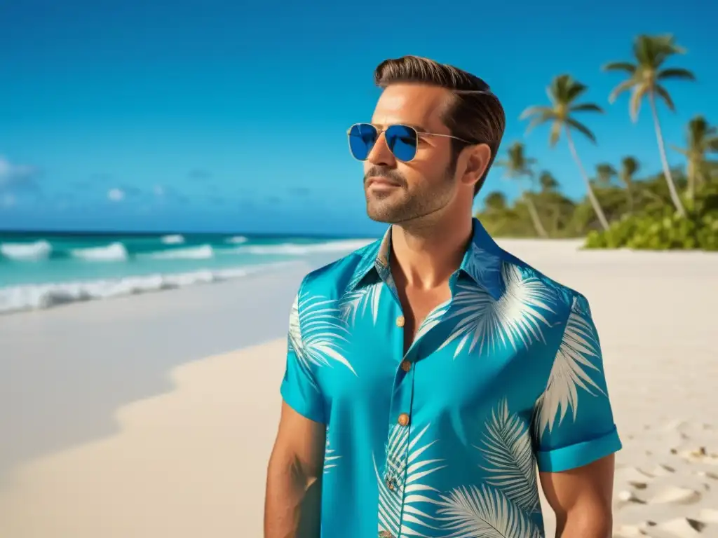 Hombre chic en playa con ropa de playa para hombres chic