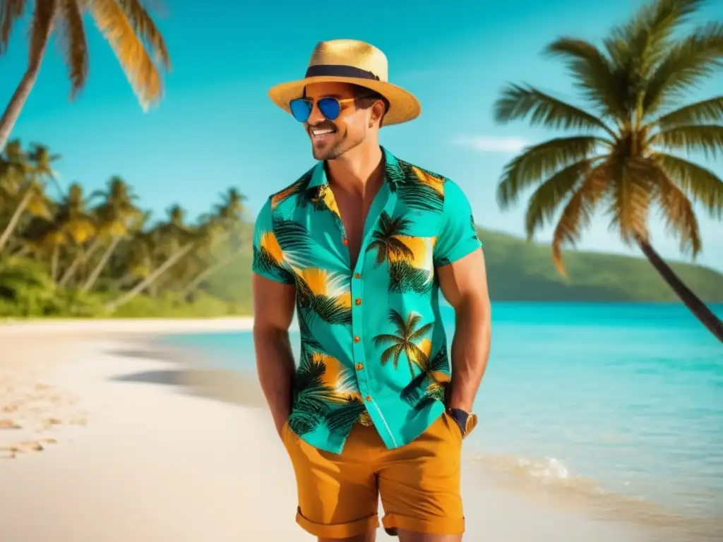 Moda masculina para viajes tropicales - Hombre estiloso en playa paradisíaca con ropa vibrante, sombrero y mochila