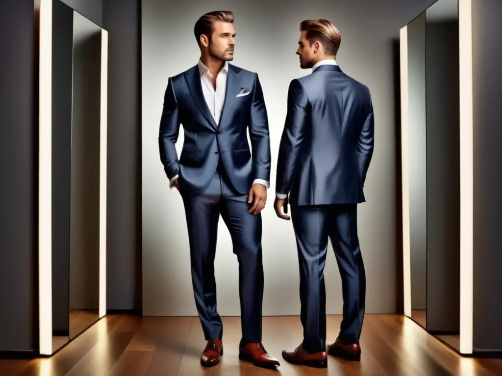 Importancia moda en autoestima masculina: hombre elegante y seguro de sí mismo frente a un espejo, reflejando su estilo y personalidad