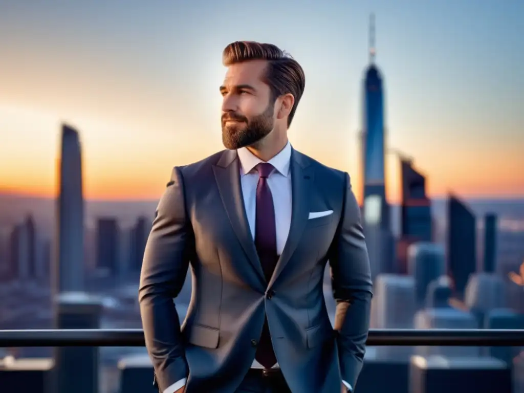 Hombre elegante en traje, seguro y exitoso, con sonrisa, pelo y barba cuidados, pose dinámica, portando maletín