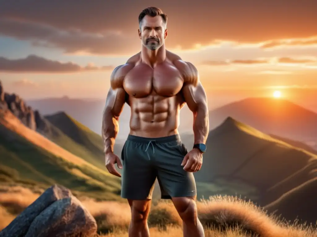 Hombre musculoso y enérgico en la cima de una montaña al atardecer, desmontando mitos sobre salud masculina