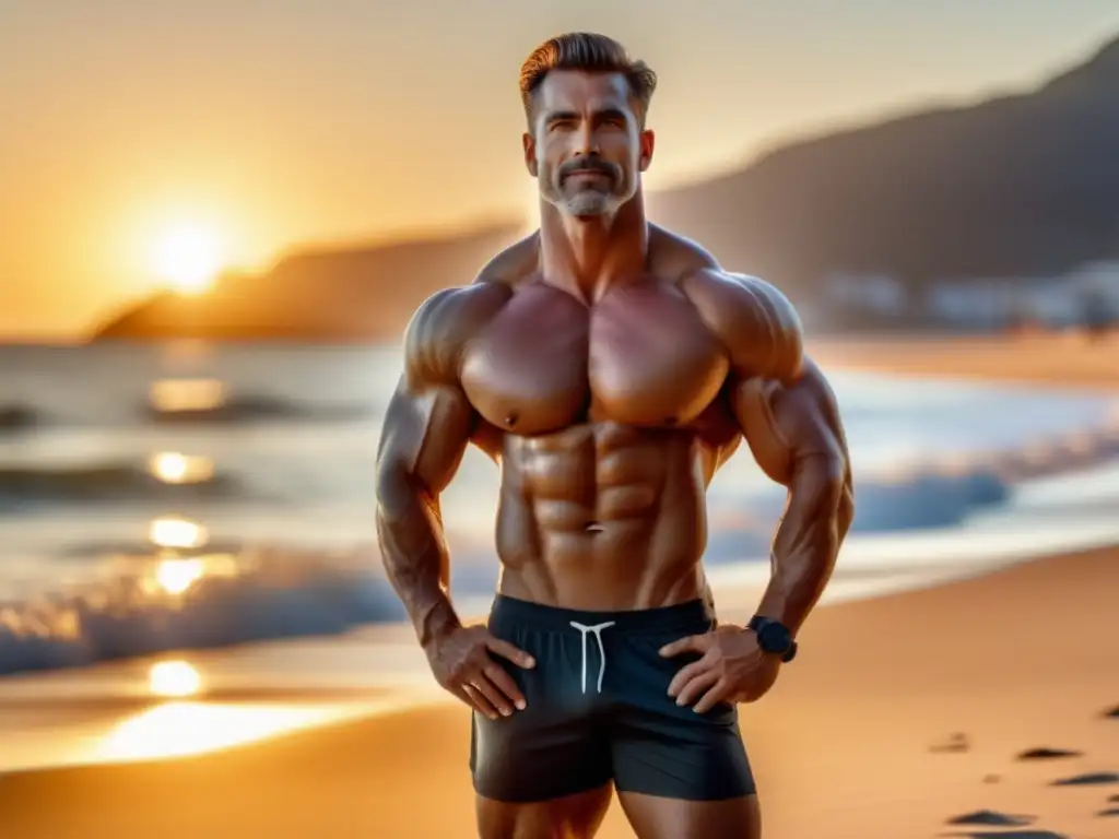 Hombre en forma en la playa al amanecer, destaca beneficios de la actividad física en apariencia masculina