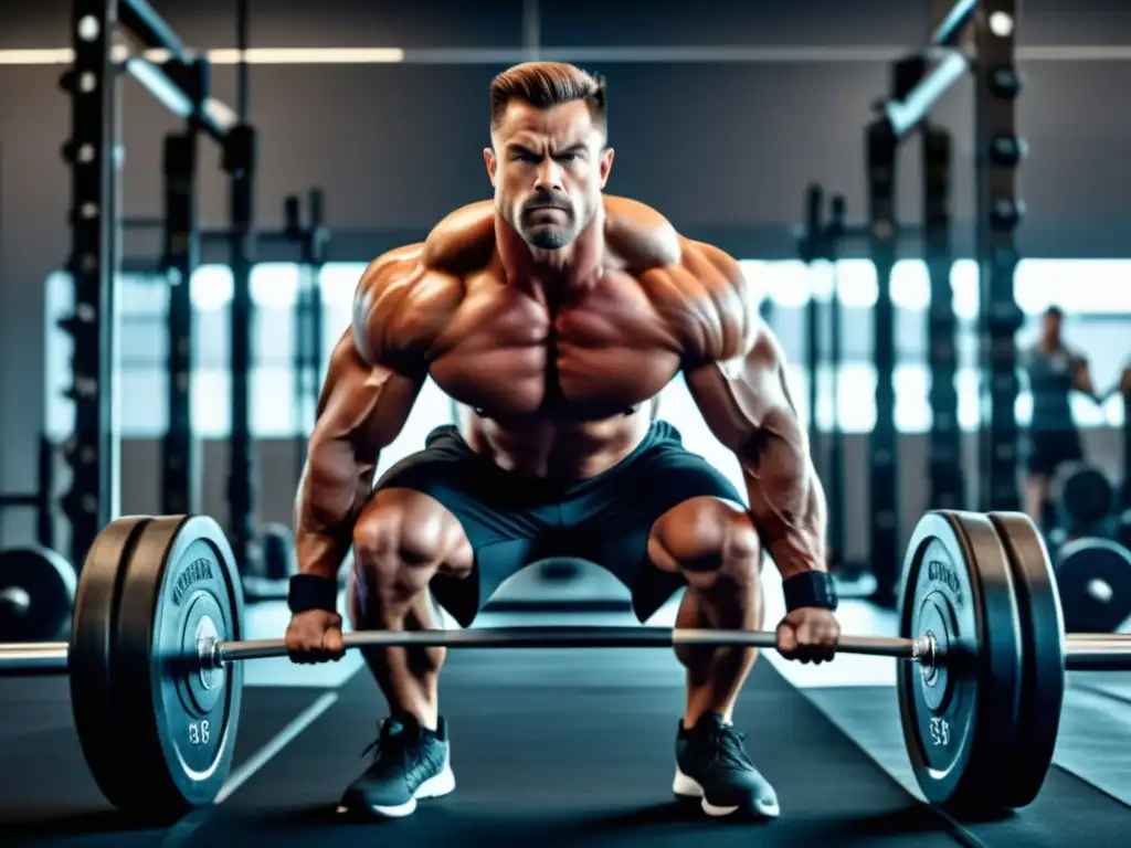 Hombre musculoso realizando ejercicio de resistencia en un gimnasio moderno