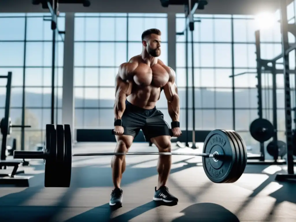 Hombre realizando deadlift, ejercicios para fortalecer la espalda masculina en gimnasio moderno y luminoso