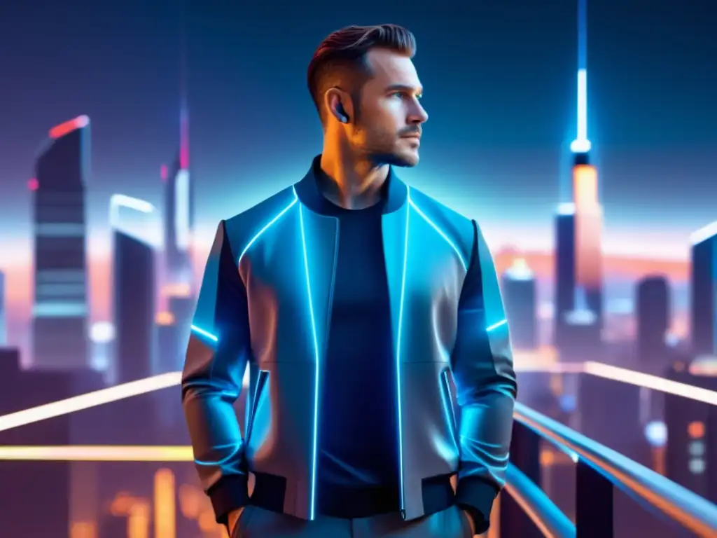 Moda inteligente masculina: Hombre futurista con ropa tecnológica en una ciudad hightech, conectado y estilizado