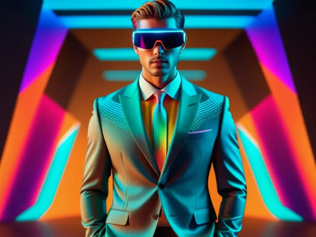 Beneficios de la realidad aumentada en moda masculina: modelo luciendo traje futurista con elementos AR, ciudad futurista de fondo