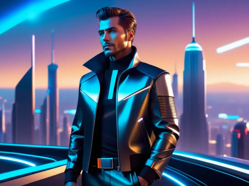 Moda masculina en películas de ciencia ficción: personaje elegante con outfit retrofuturista en ciudad futurista