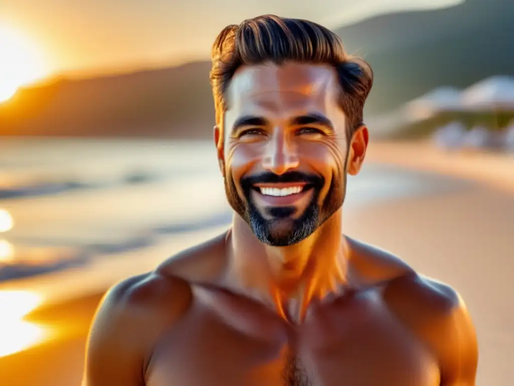 Hombre en playa al atardecer, piel radiante