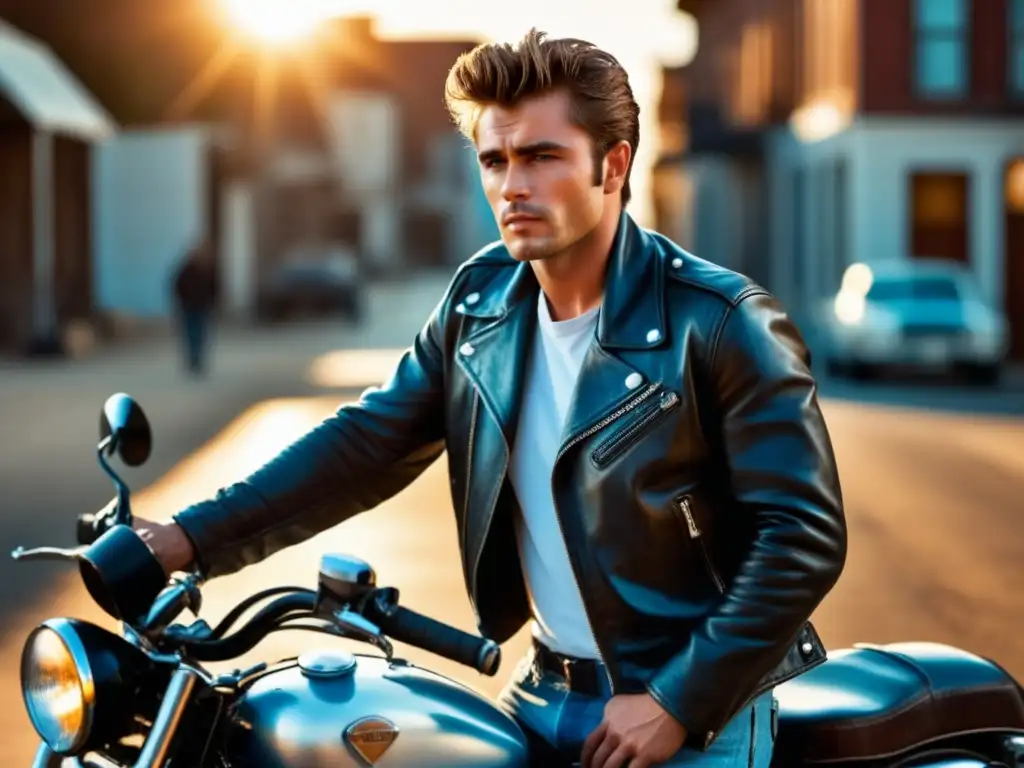 Moda masculina inspirada en James Dean, hombre guapo con chaqueta de cuero negra, mirada penetrante y estilo icónico