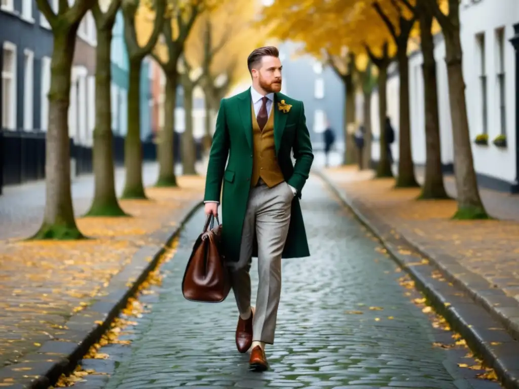 Un elegante caballero irlandés caminando por una calle empedrada de Dublín en otoño