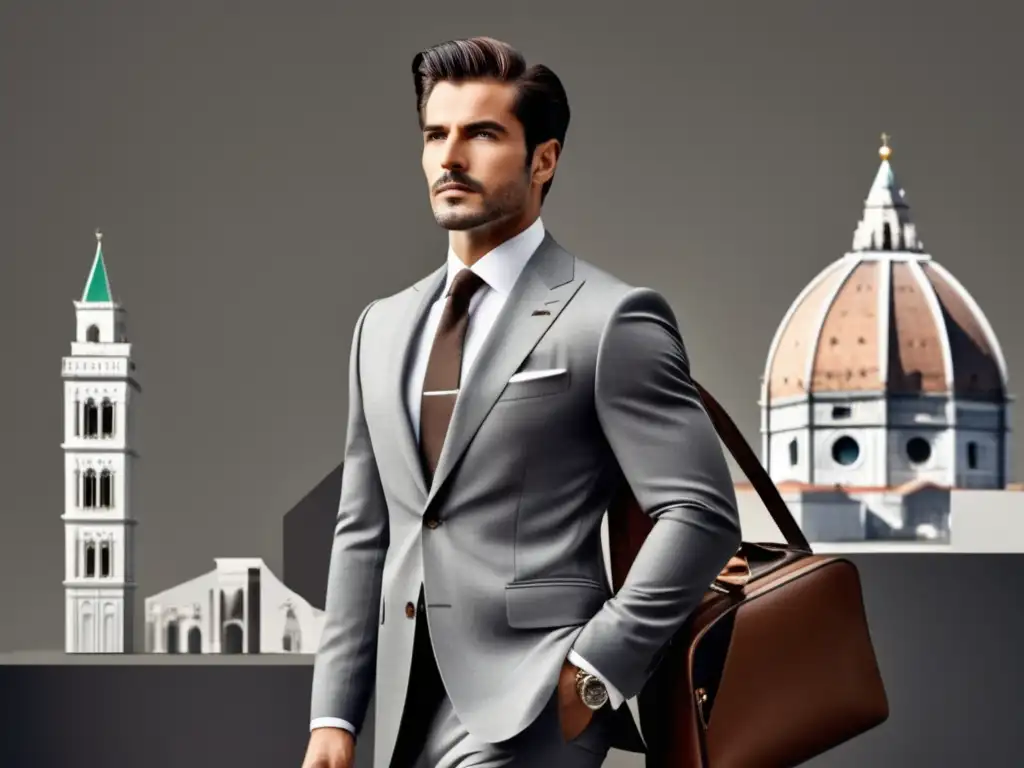 Hombre italiano elegante en traje gris, con fondo de iconos italianos, mostrando tendencias moda masculina estilo italiano