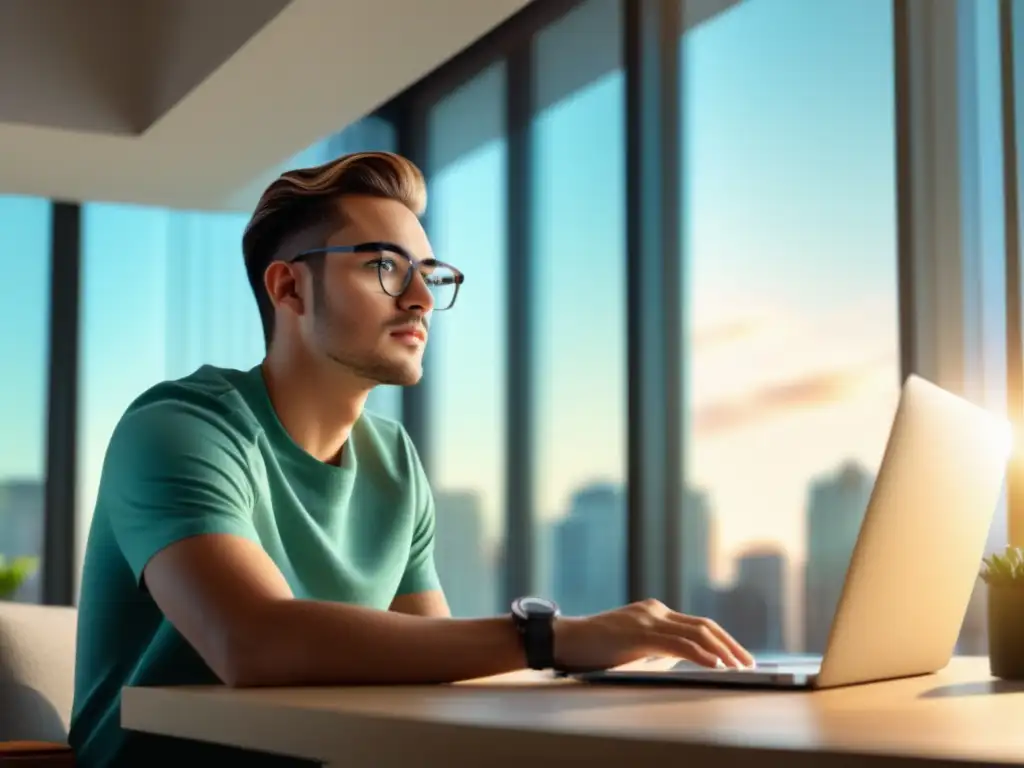 Hombre con gafas, en ambiente luminoso, enfocado en laptop