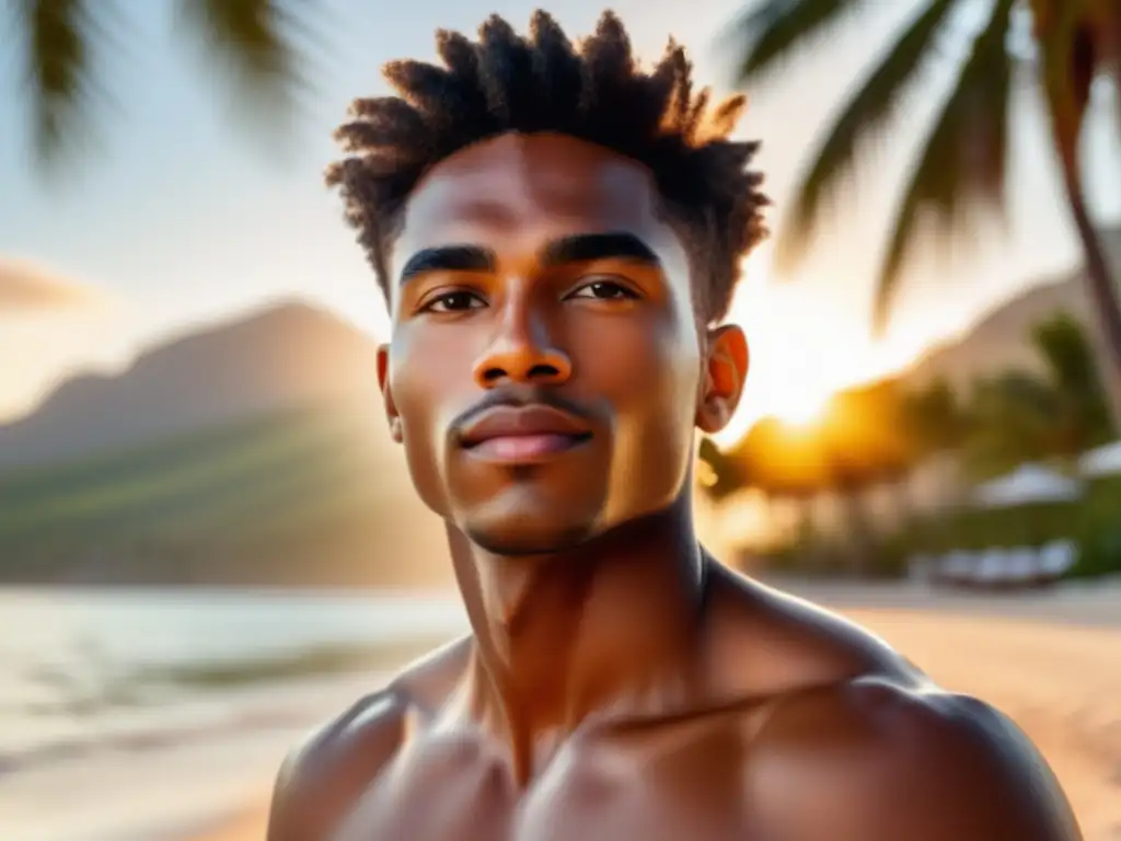 Beneficios piel masculina: joven confiado en playa al atardecer, piel radiante, sana y juvenil