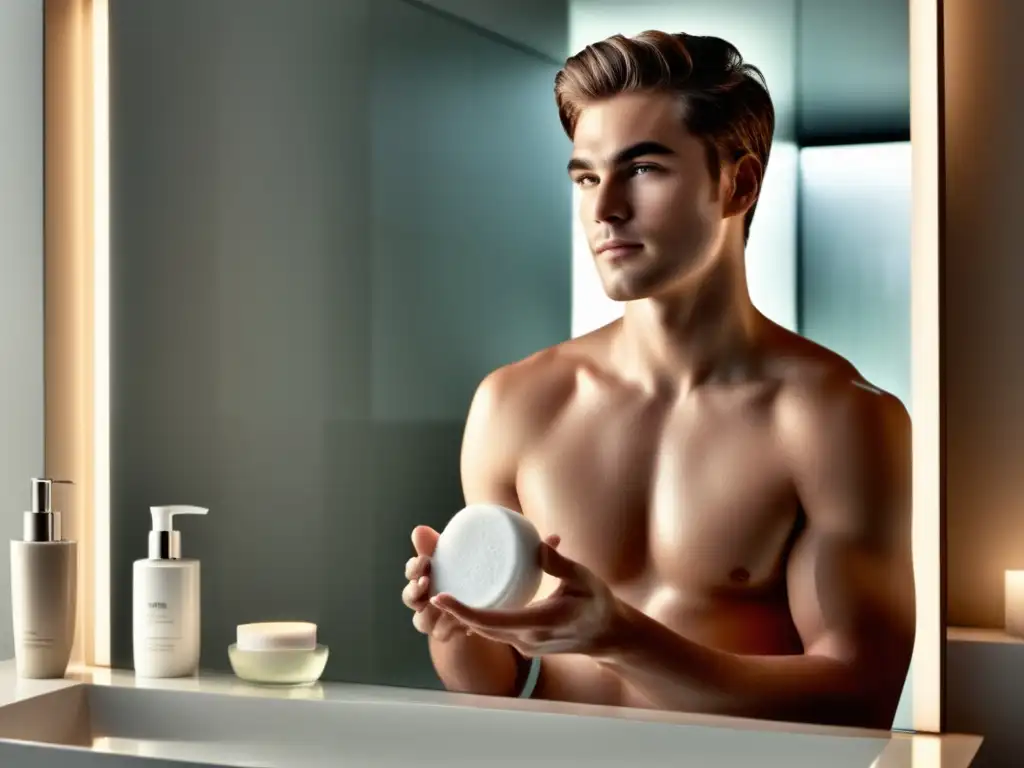 Tratamiento natural para acné masculino en baño minimalista