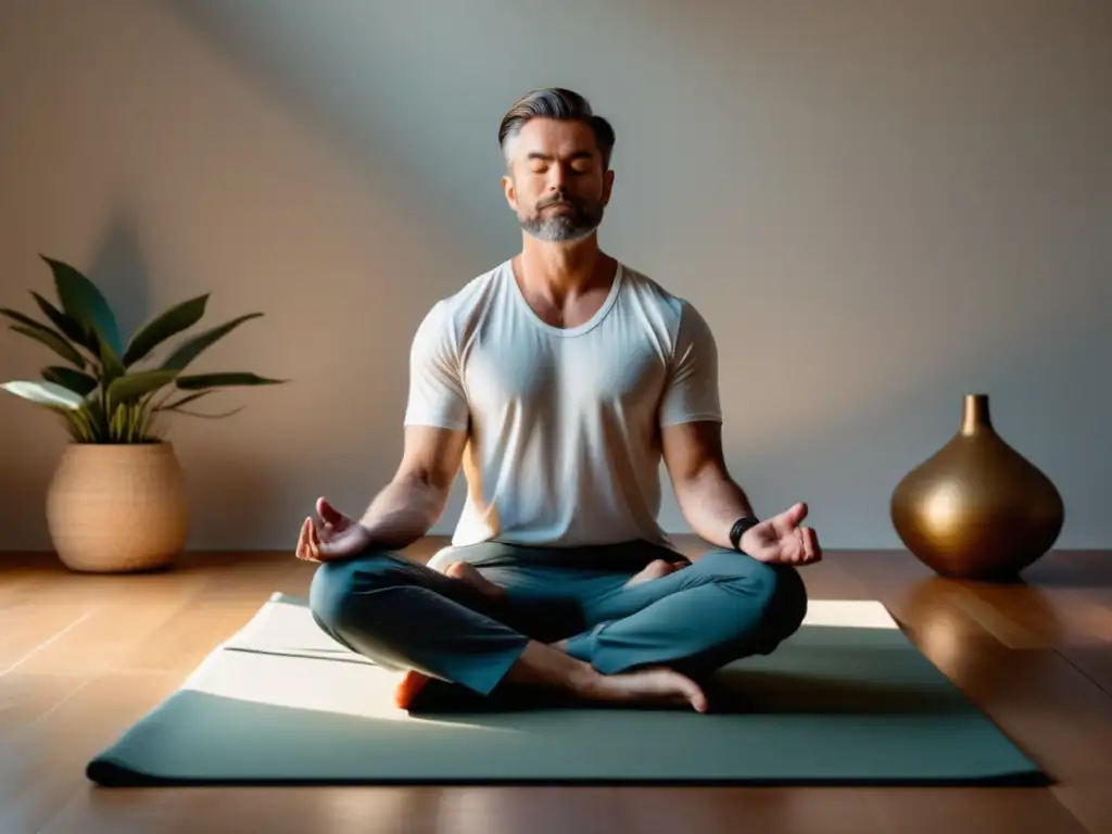 Beneficios de la meditación en hombres: hombre sereno en estudio minimalista, elegante y confiado