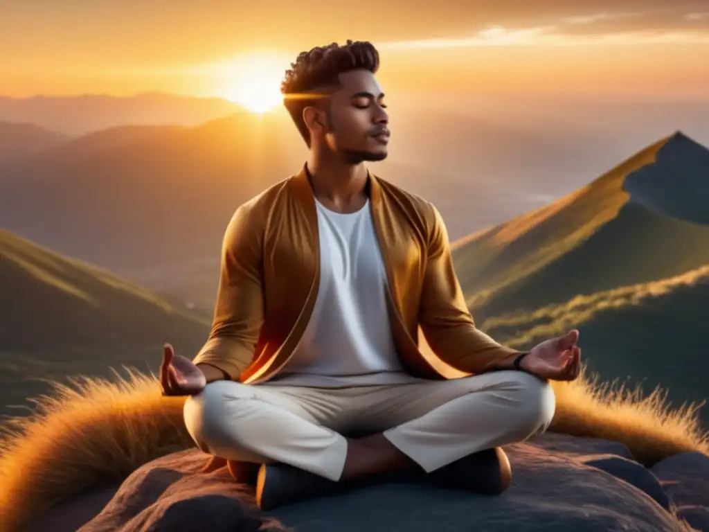 Hombre meditando en la montaña, beneficios de la meditación en hombres