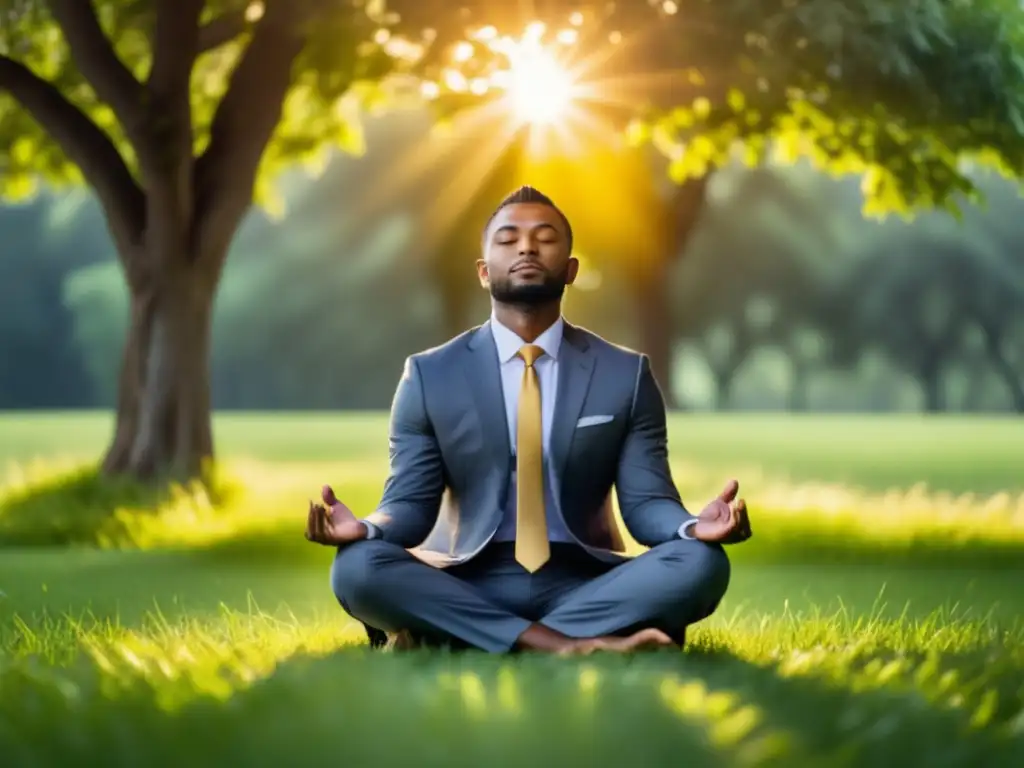 Hombre moderno meditando en la naturaleza, beneficios de la meditación en hombres