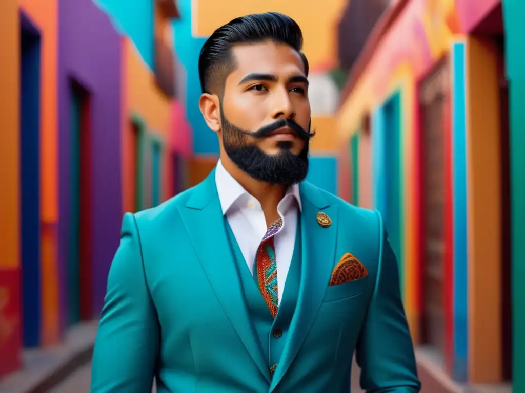 Tendencias moda masculina México: Hombre mexicano moderno con barba bien cuidada y estilo impecable, fusionando moda contemporánea y herencia cultural