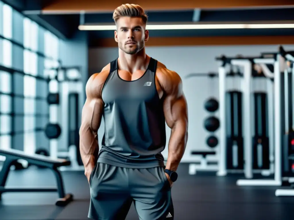 Outfits de Activewear para hombres: Modelo masculino con estilo en un gimnasio, con materiales de alta calidad y diseño funcional