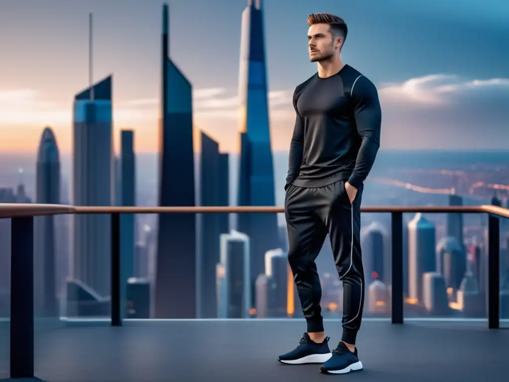 Hombre moderno en activewear frente a una ciudad futurista - Activewear para hombres modernos