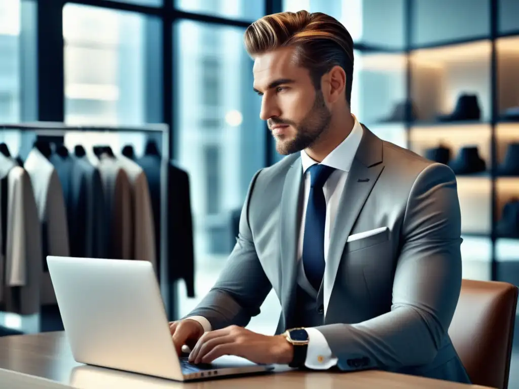 Comprar ropa online para hombres - Hombre elegante explorando tienda de ropa minimalista en su laptop