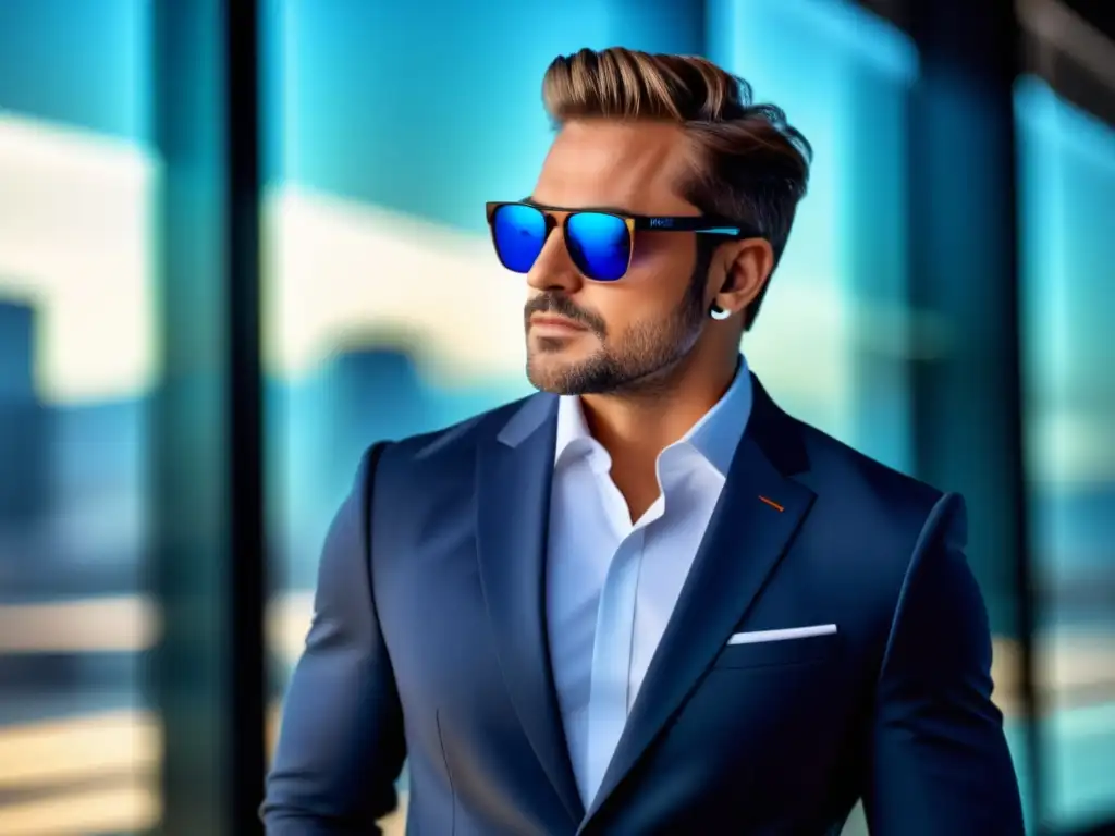 Hombre moderno en traje con smartwatch y gafas de sol tecnológicas: tecnología y moda masculina innovadora