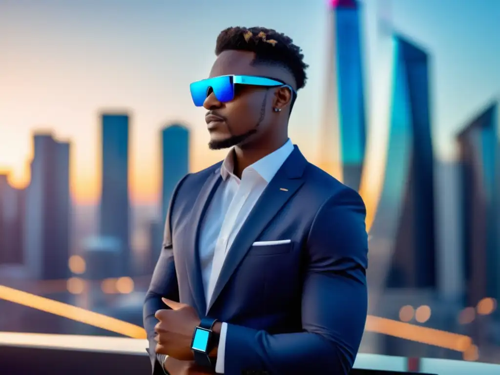 Hombre elegante con smartwatch y gafas AR en ciudad futurista - Wearables para hombres con estilo