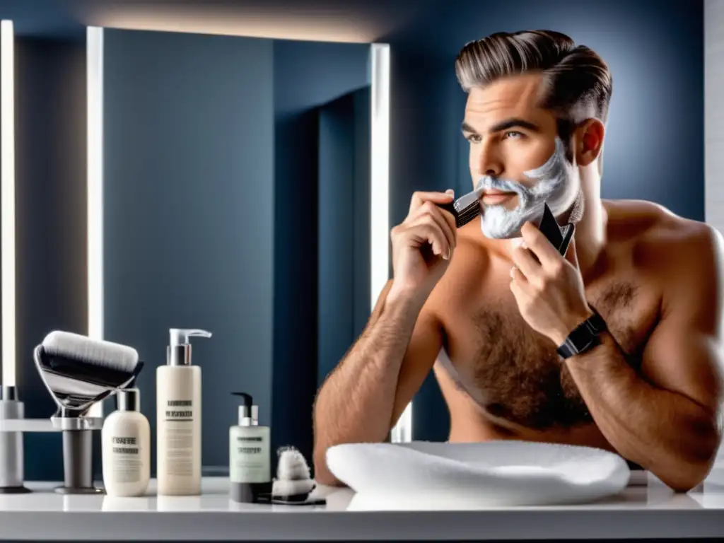 Conexión estilo y autoestima masculina: hombre bien arreglado aplicando crema de afeitar frente al espejo