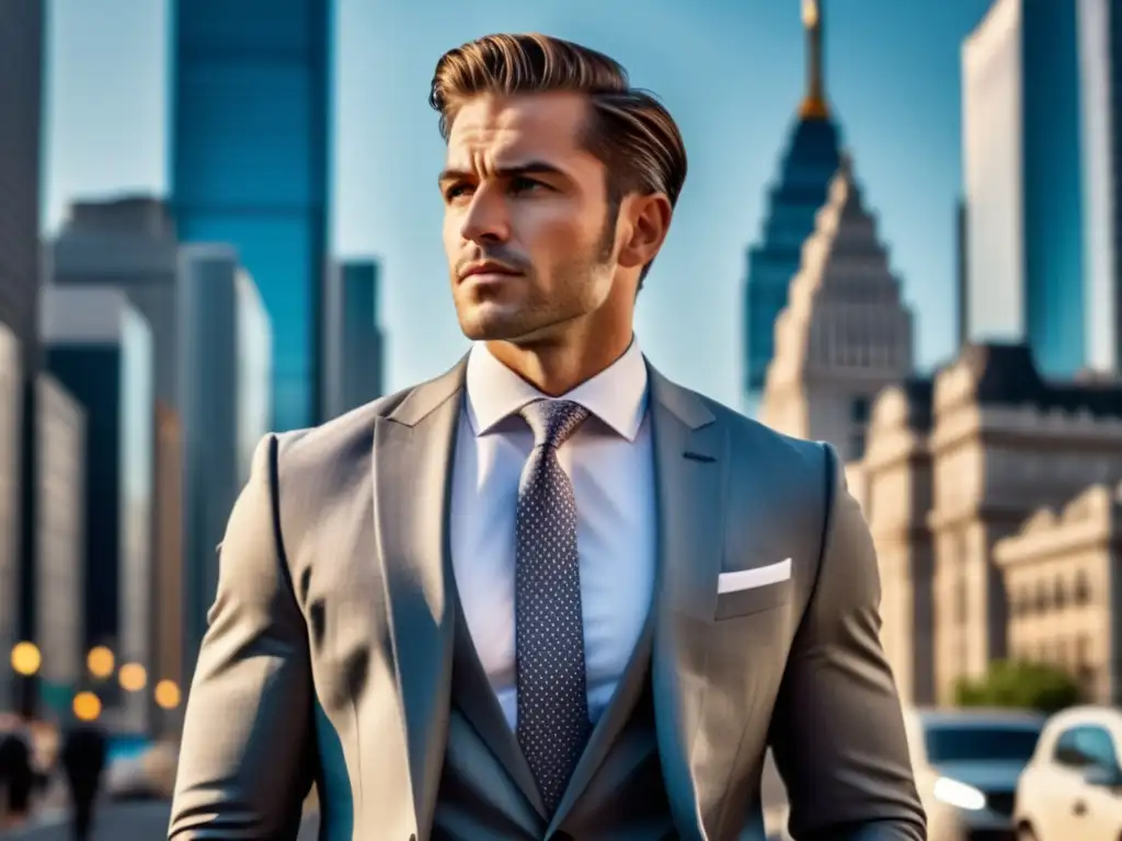 Tendencias globales estilo vestir hombre en una imagen 8k detallada de un hombre moderno y elegante en una bulliciosa ciudad