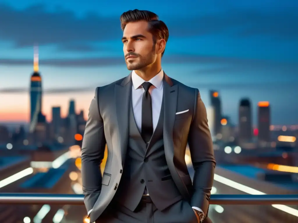 Guía estilo masculino en fotos: elegante hombre moderno refleja confianza y sofisticación en la ciudad al atardecer