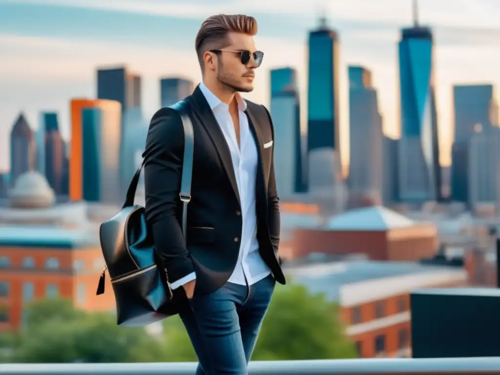 Hombre moderno con estilo en ciudad vibrante - Ropa y accesorios para viajar