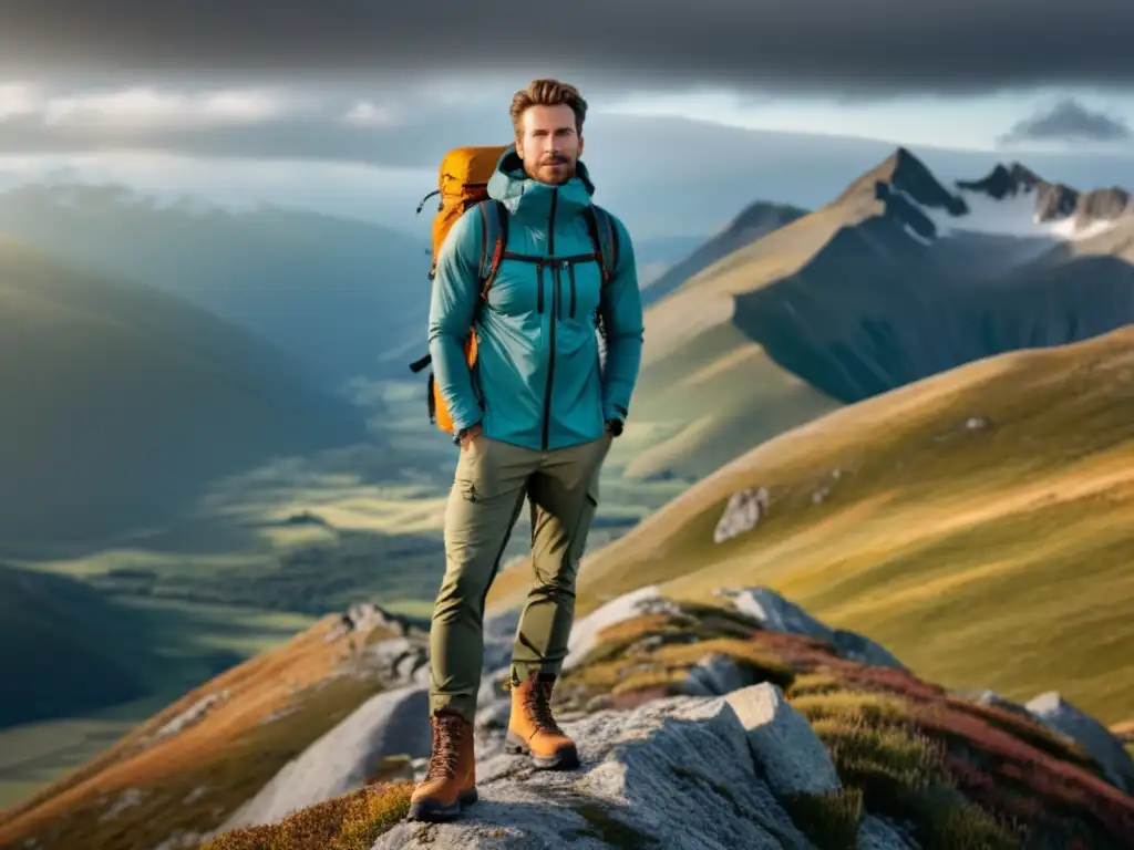 Hiker moderno en la cima Consejos de moda para hombres en la montaña: hiker elegante y moderno en paisaje panorámico